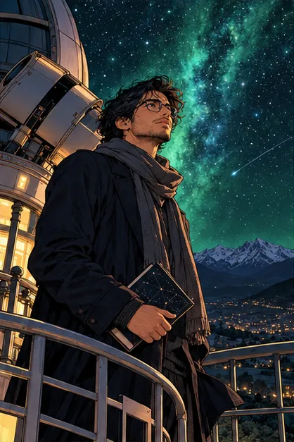 Astrónomo junto a un observatorio bajo las estrellas