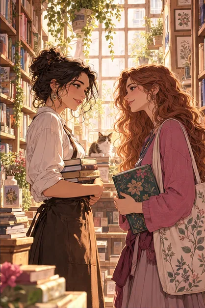 Dos mujeres conversan en una librería iluminada